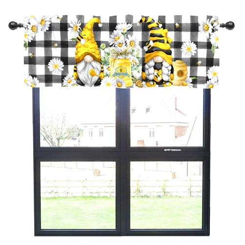 HawSkgFub Spring Summer Honey Bee Gnome Daisy Flower Kitchen Curtain Valance 54 x 18, Buffalo Plaid Short Topper Curtains Window Rod Pocket, Home Farmhouse Honeycomb Living Room Bedroom Bathroom Decor