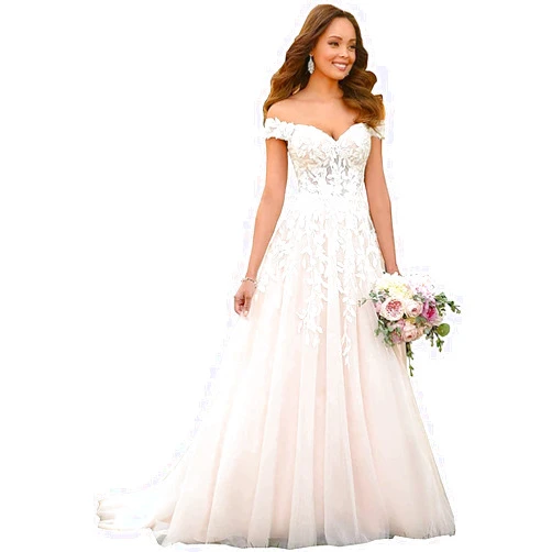 GMAR Women's High Low Country Wedding Dress for Bride V Neck Lace Bridal Gowns