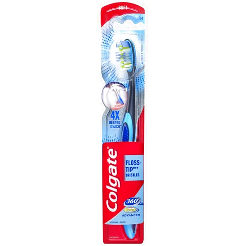 Colgate 360 Total Advanced Floss-Tip Bristle Toothbrush, Black and Blue, Solar Powered, Unisex-Adults