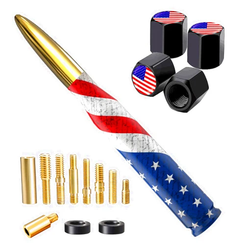 HVSTTPK American Flag Car Truck Bullet Antenna with Valve Stem Caps, Universal Antenna Mast for GM Chevy Silverado 1500 2500 3500 HD Avalanche Ford F150 F250 F350 Heavy Duty Pickup Jeep Accessories (Gold)
