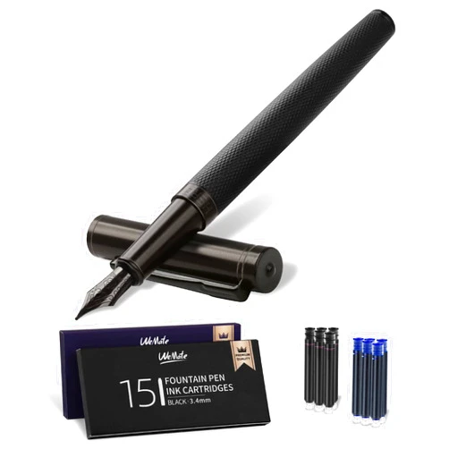 WEMATE Fountain Pen Set - Fine Nib, Refillable, 30 Ink Cartridges (15 Black & 15 Blue), with Converter, Classic Metal Pen in Luxury Gift Case for Men and Women Writing - 0.5MM, Black