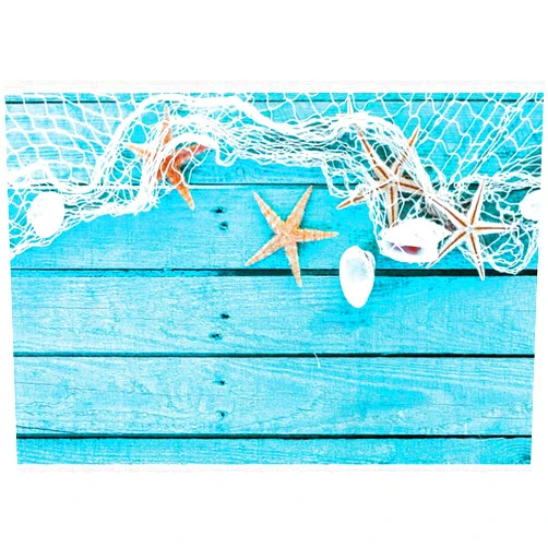 OERJU 10x7ft Marine Theme Blue Wooden Plank Backdrop White Net Starfish Seashell Photography Background Beach Party Banner Summer Holiday Vacation Photobooth Baby Shower Portrait Shoot Photo Vinyl