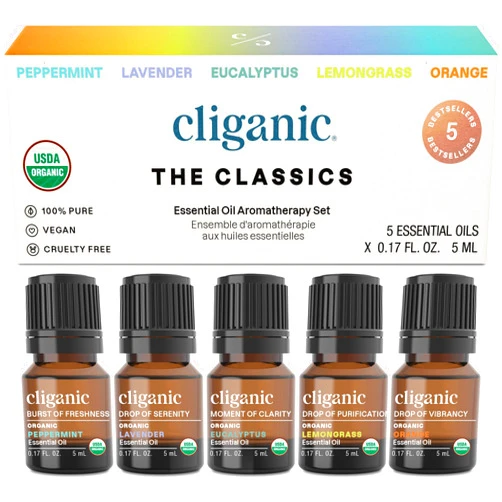 Cliganic Organic Essential Oils Set (Top 5) - 100% Pure Natural - Aromatherapy, Candle Making - Peppermint, Lavender, Eucalyptus, Lemongrass & Orange (Packaging May Vary)