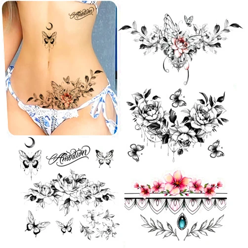 ROARHOWL sexy temporary tattoos for women,sexy tattoo kit, beautiful and exquisite,3D realistic flowers, butterflies, abdomen, chest, waist and back apply false tattoos for girl (Design 3)