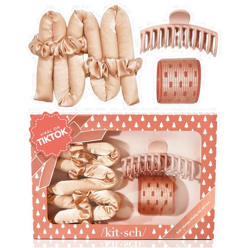 Kitsch Satin Heatless Hair Curler Styling 5pc Gift Set - Satin Heatless Hair Curler w/ 2 Scrunchies, Ceramic Thermal Roller & Claw Clip, Gifts for Women, Hair Roller Styling & Accessories- Champagne