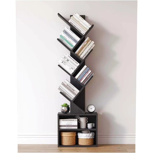 SUNMORY 6 Tier Tree Bookshelf, Small Bookcase with Storage Cabinet, Modern Narrow Bookshelves Organizer, Floor Standing Book Shelf for Bedroom/Living Room/Home Office/Corner, Black