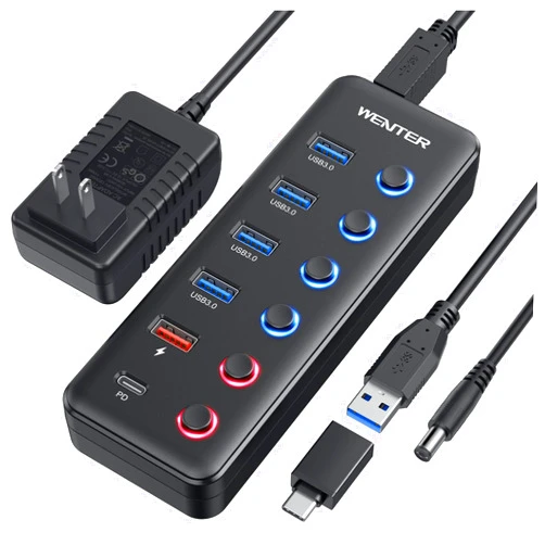 WENTER Powered USB 3.0 Hub, Wenter 6-Port USB Hub Splitter (4 Faster Data Transfer Ports+ 2Pcs 36W QC Charging Ports) with Individual LED On/Off Switches, USB Hub 3.0 Powered with Power Adapter