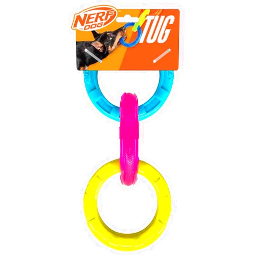 Nerf Dog 10.5in TPR 3-Ring Tug Dog Toy - Blue and Pink and Yellow