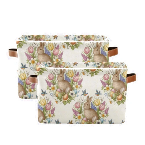 Kigai Storage Basket with Handles, Rabbit Flower Foldable Canvas Storage Bin with Metal Frame for Shelves Home Office Nursery Organizing, 2 Pack