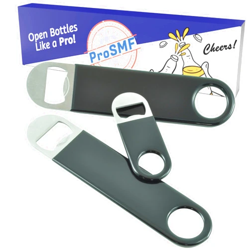 ProSMF Flat Bottle Opener - Bottle Opener for Bartender - Beer Bottle Opener - Stainless Steel - Heavy Duty - Vinyl Rubber Coated Handle - Black - 3 Pack - 2 Large & 1 Mini