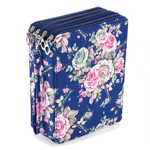 BTSKY Colored Pencil Bag- 160 Slots Pencil Holder Pen Bag Large Capacity Pencil Organizer with Handle Strap Handy Colored Pencil Box with Printing Pattern (Dark Blue Rose)