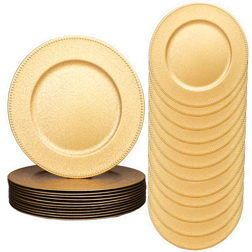 SforGUVA Gold Chargers for Dinner Plates with Beaded Rims, Set of 12 Plastic Bulk Wedding Charger Plates for Thanksgiving, Christmas, Holiday Party Table Setting.