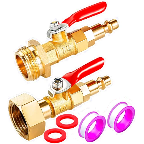 Breezliy 2PCS Brass RV Winterize Blowout Adapter, 1/4 Inch Male Quick Connecting Plug &3/4 inch Male GHT Thread &1/4 Inch Ball Valve with 2 Pcs Washers for Winterize RV Boat Camper Trailer