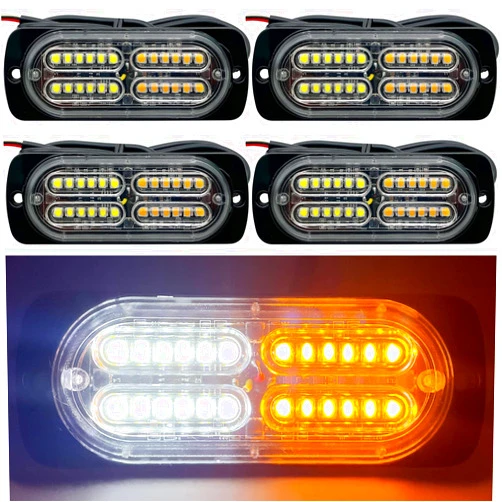 EASE2U E 12-24V 24-LED Super Bright LED Emergency Strobe Lights Warning for Cars Trucks Vehicle SUV Caution Hazard Construction Waterproof Amber Strobe Bar with 32 Different Flashing- 4PCS (White Amber)