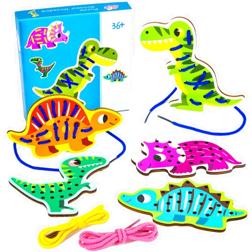 Atoylink 5 Pack Dinosaur Lacing Cards Wooden Threading Lacing Toy for Toddlers Travel Toys Preschool Games Fine Motor Skills Educational Toys for 3+ Year Old Kids Gifts