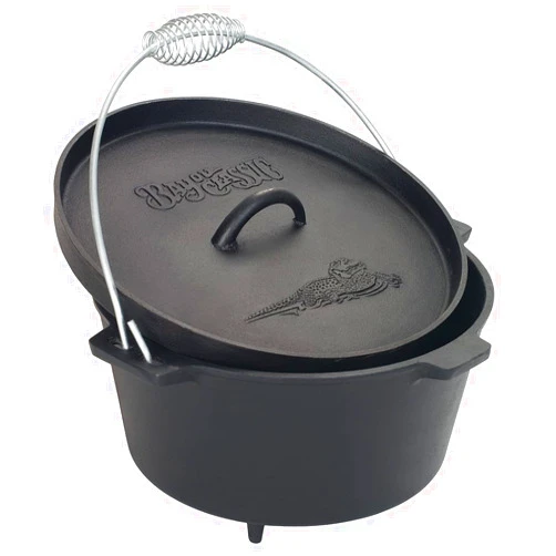 Bayou Classic Pre-Seasoned Cast Iron Dutch Oven w/ Feet Features Flanged Camp Lid Stainless Coil Wire Handle Grip, 8-qt Perfect For Baking Frying One-Pot Meals Stews and Chili