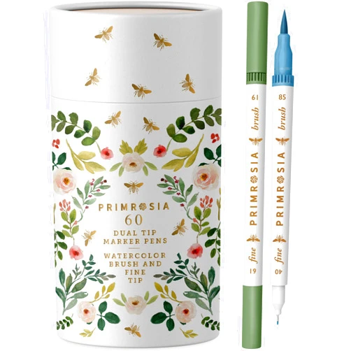 Primrosia 60 Dual Tip Marker Pens, Fineliner and Watercolor Brush Pens for Art Sketching Illustration Calligraphy Permanent Highlighter Bullet Journal Drawing Coloring