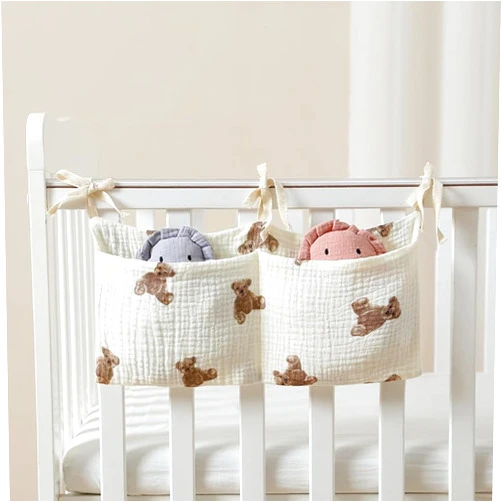 Generic BATTILO PTY 100% Cotton Gauze Hanging Baby Diaper Organizer for Changing Table and Hold Toys, Diaper Stacker and Crib Organizer Caddy Baby Essentials 2 Pockets Nursery Organizer for Cribs(Bear)