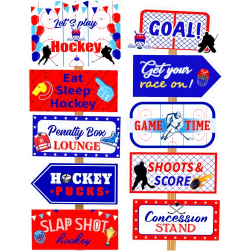 Gueevin 20 Pieces Hockey Party Decorations Supplies Hockey Sign Hockey Party Cutouts for Indoor Outdoor Birthday Sports Theme Party Photo Booth Props, 10 Designs