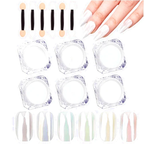 Miniling 6 Colors White Pearl Chrome Nail Powder Kit,Aurora Iridescent Powder Holographic Mirror Effect Mermaid Chrome Pigment Glitter Dust Powder, Pearlescent Chrome Powder Nail Art Manicure