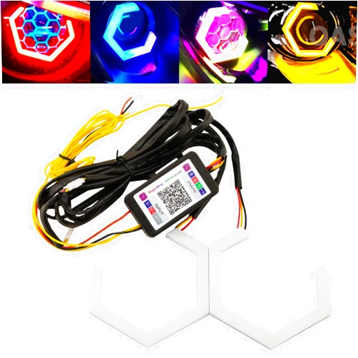 Qasim 80MM Hexagon Angel Eyes RGB APP Control Retrofit Car Motorcycle Light Decoration Driving Day Signal Light Streamer Amber Turn Signal Light 12V 24V 80MM, 2 Pack