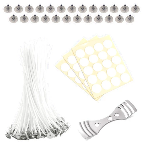 HOBOZ Candle Wicks 60 Pcs - 8 Inches Long Pre-Waxed Cotton Threads with Centering Device, 60 Stickers & 30 Metal Tabs - Long Lasting with No Black Smoke for DIY Candle Making