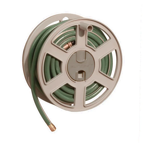 Suncast 100 Ft. Wall Mount Hose Reel Side Winder for Yard, Garden, Space-Saving Design, Easy Hose Storage, Fully Assembled, Taupe (Open Box)