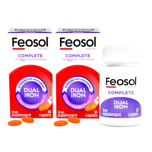 Feosol Complete Iron Supplement Caplets, Bifera Iron for High Absorption, Heme and Non-Heme Dual Action Minimizes Side Effects, 1 Per Day, Energy and Immune System Support, Pack of 2, Total 60 Count