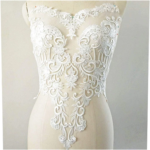 LITTLE PANDADA Bodice Lace Appliques Flower Embroidery Patches with Sequins Sewing on Bridal Dress Craft Projects 1 Piece