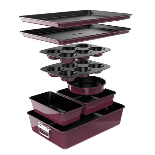 NutriChef 8-Piece Nonstick Stackable Bakeware Set - PFOA, PFOS, PTFE Free Baking Tray Set w/Non-Stick Coating, 450°F Oven Safe, Round Cake, Loaf, Muffin, Wide/Square Pans, Cookie Sheet (Plum)