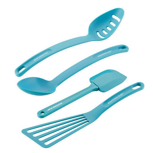 Rachael Ray Cucina Nylon Nonstick Utensils/Fish Turner, Spatula, Solid and Slotted Spoons, 4 Piece, Agave Blue