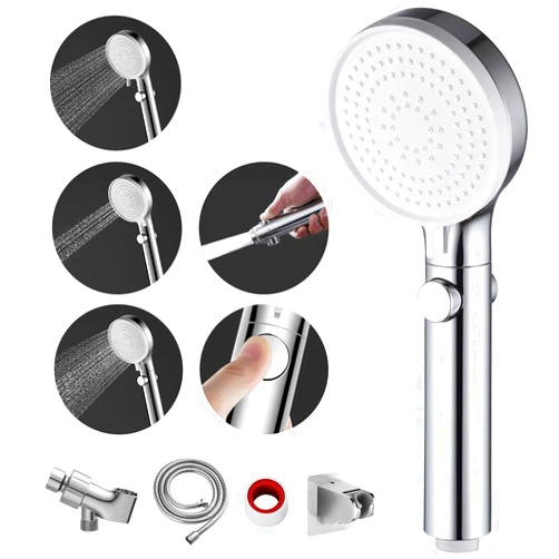 MIAOHUI Shower Head with Hose and on off Switch, 3 Setting High Pressure Handheld Shower Head, Removable Shower Head with Hose, Adjustable Angle Bracket, Low-Reach Wand Holder, Chrome