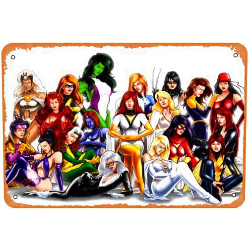 GNTOET Girls Women Comics Superheroes Poster Tin Wall Sign Retro Iron Painting Vintage Metal Plaque Decoration Hanging Artwork Poster for Bar Cafe Store Home Yard