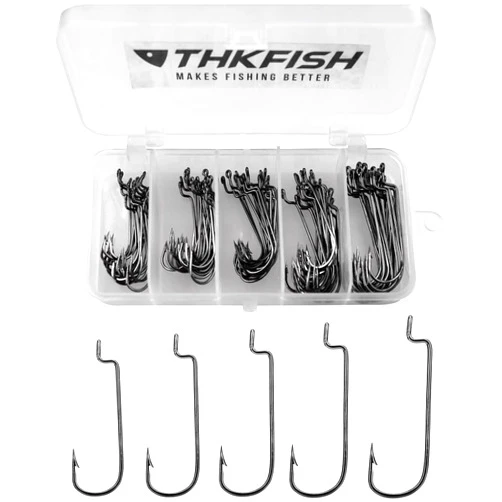 THKFISH Fishing Offset Worm Hooks 100PCS/50PCS EWG-Offset Fishing Hooks Round Bend Offset Worm Hooks Wide Gap Hooks with Barbed Shank #2#1 1/0 2/0 3/0