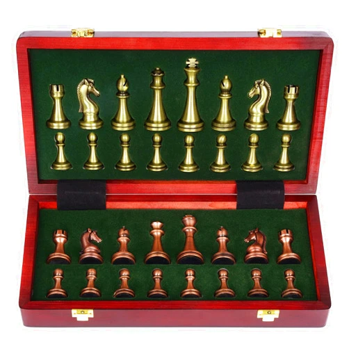 Agirlgle Retro Metal Chess Set with Folding Wooden Chess Board and Classic Handmade Standard Pieces Metal Chess Set for Kids Adult