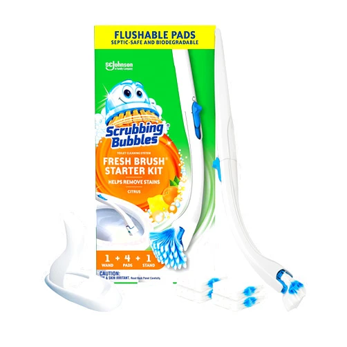 Scrubbing Bubbles Toilet Bowl Brush and Holder with Toilet Cleaner Refill Pads, Fresh Brush Toilet Wand Starter Kit, Cleans Limescale & Fights Odors, Citrus Scent, 1 Toilet Wand + 4 Refills + 1 Stand