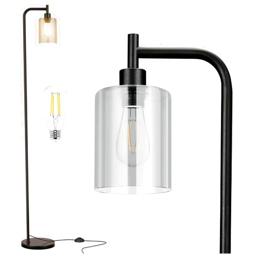 Ziisee Floor Lamp Bundle Standing Lamp with Gray Glass Lampshade, Modern Floor Lamp with LED Bulbs, Bright Industrial Floor Lamp for Bedroom, Black Tall Lamp for Office(Light Bulb Included)
