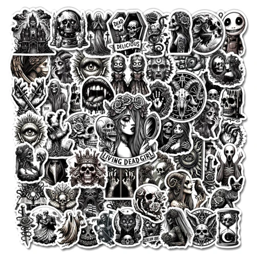 WESILY Pack 50 PCS Gothic Stickers Horror Black and White Skull Vinyl Waterproof Decals Decor Water Bottles Laptop Skateboard Bike Helmet Scrapbook Luggage Gift for Teens Adults