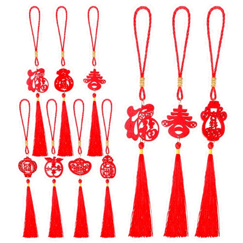LIOOBO Chinese New Year Decorations: 10pcs Spring Festival Decoration, Wooden Spring Festival Chinese Knot Hanging Ornaments, Lucky Fu Pendants for New Year Home Decor
