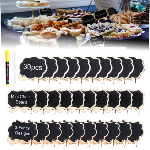 MovFlax 30 Pack Chalkboard Signs with Easel Stand, Wooden Blackboards for Food Labels, Place Cards, Table Numbers, Reusable Message Board with 2 Chalk for Weddings, Buffet, Parties, Event Decoration