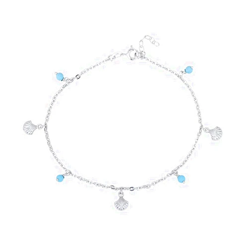 Vanbelle Sterling Silver Jewelry - Rhodium Plated 925 Stamp - Hanging Shell & Turquoise Beads Sea-Theme Anklet - Stylish Beautifully Designed for Women - 9