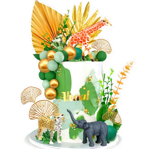 DRWATE 26 PCS Jungle Animal Cake Toppers Safari Animals Figure Toys Gold Palms Picks Jungle Wild One Animals Cake Decorations for Baby Shower Safari Party Holiday Party (style 1)
