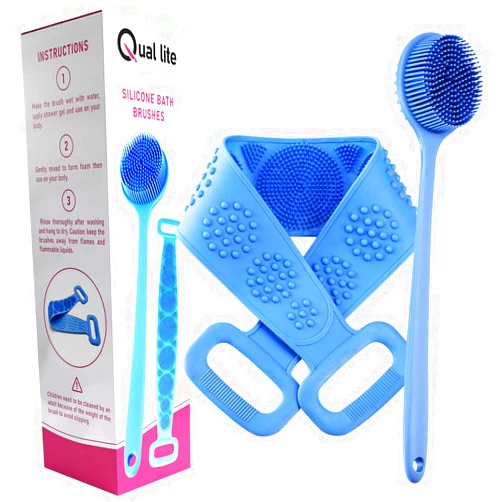 QUAL-LITE Silicone Back Scrubber Set Two Sided - Soft Scrubbing Pad with Soft and Coarse Bristles for Gentle Skin Exfoliation and Massage - Long Silicone Bath Brush with Handles