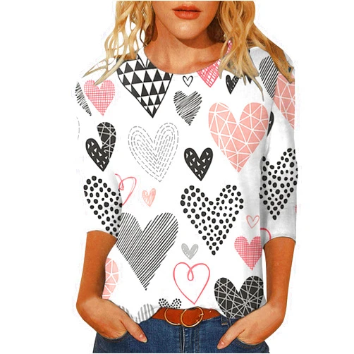 GOFULY Women Valentines Day Shirt Spring Tunic Tops for Women Trendy Crew Neck Womens Tops Casual 3/4 Sleeves Hearts Print Sexy Summer Blouses Plus Size White L