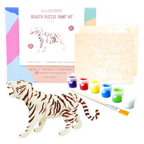 ALLESSIMO Create + Paint Tiger 3D Puzzles for Kids, Girls and Boys Ages 7 8 9 10 11 12 Year Old. Includes Wooden Model Kit, Brush and Paint Supplies. Cool Stem Gift for Kids and Teenage Art Projects