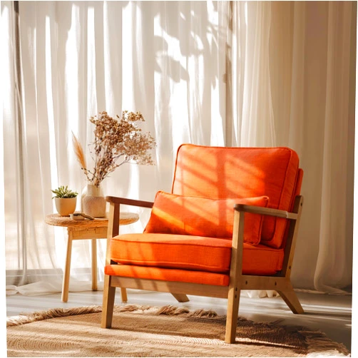 VINGLI Solid Wood Wide Armrests Accent Chair,Upholstered Mid Century Modern Chair with Pillow,Comfy Reading Chair Farmhouse Arm Chair,Chairs Living Room,Bedroom,Guest Room,Linen Fabric,Burnt Orange