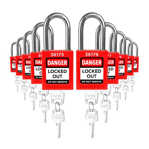 TRADESAFE Lockout Tagout Locks Set - 10 Red Loto Locks, Lockout Locks Keyed Different, 2 Keys Per Lock, OSHA Compliant Lock Out Tag Out Padlocks, Safety Padlocks for Electrical Lockout Tag Out Kits