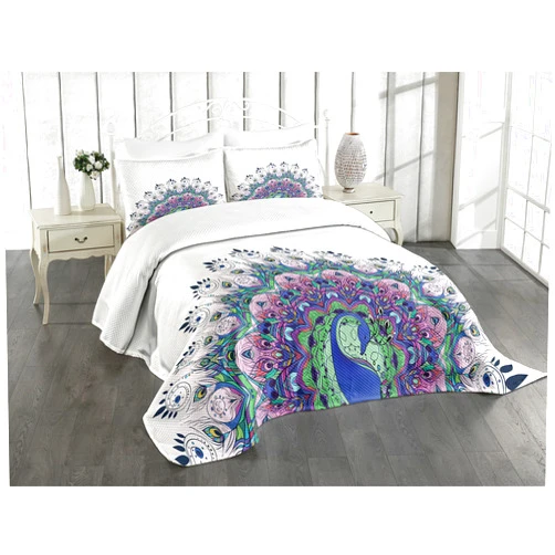Ambesonne Peacock Bedspread Set, Peacock Illustration Exotic Wildlife Feather Ornament Vintage Oriental, 3 Piece Decorative Bedding Coverlet and 2 Pillow Shams, Queen Size, Violet Blue Green Pink