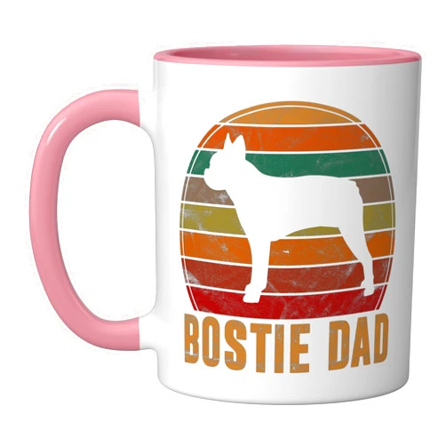Vintage Boston Terrier Dad Gifts Pet Lover Clothes Retro Boston Terrier Dad Gift Dog Owner Pet Bostie Father Ceramic Mug, Pink/White