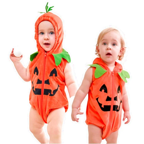 Qszmjo Unisex Baby Pumpkin Halloween Costume Hooded Romper Kids Zip Up Halloween Pumpkin Jumpsuit Toddler Halloween Outfit